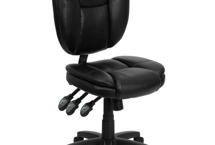This amazing ergonomic task office chair featuring pillow top cushioning and multiple adjusting capabilities will keep you comfortable no matter your workload. This office chair boasts soft and durable black LeatherSoft upholstery to keep you comfortable through your work day or while browsing the internet. The contoured seat dissipates pressure points for greater comfort. A mid-back office chair offers support to the mid-to-upper back region. The locking back angle adjustment lever changes the angle of your torso to reduce disc pressure. The locking synchro tilt control allows the chair's back and seat to recline at different rates
