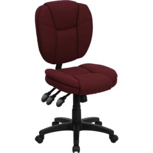 This amazing ergonomic task office chair featuring pillow top cushioning and multiple adjusting capabilities will keep you comfortable no matter your workload. This office chair boasts burgundy fabric upholstery to keep you comfortable through your work day or while browsing the internet. The contoured seat dissipates pressure points for greater comfort. A mid-back office chair offers support to the mid-to-upper back region. The locking back angle adjustment lever changes the angle of your torso to reduce disc pressure. The locking synchro tilt control allows the chair's back and seat to recline at different rates