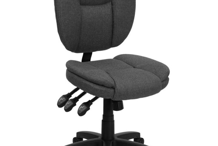 This amazing ergonomic task office chair featuring pillow top cushioning and multiple adjusting capabilities will keep you comfortable no matter your workload. This office chair boasts gray fabric upholstery to keep you comfortable through your work day or while browsing the internet. The contoured seat dissipates pressure points for greater comfort. A mid-back office chair offers support to the mid-to-upper back region. The locking back angle adjustment lever changes the angle of your torso to reduce disc pressure. The locking synchro tilt control allows the chair's back and seat to recline at different rates