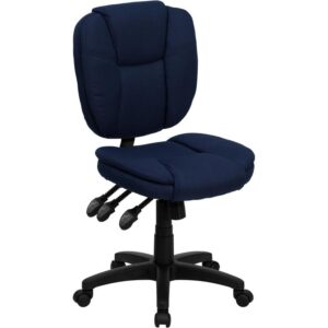 This amazing ergonomic task office chair featuring pillow top cushioning and multiple adjusting capabilities will keep you comfortable no matter your workload. This office chair boasts navy blue fabric upholstery to keep you comfortable through your work day or while browsing the internet. The contoured seat dissipates pressure points for greater comfort. A mid-back office chair offers support to the mid-to-upper back region. The locking back angle adjustment lever changes the angle of your torso to reduce disc pressure. The locking synchro tilt control allows the chair's back and seat to recline at different rates