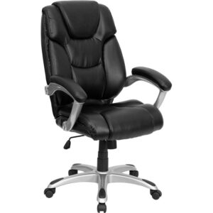 This chic chair features LeatherSoft upholstery to comfortably get you through your work day or to keep you comfortable while browsing the internet. This chair features an ergonomically contoured back and seat and arms that are comfortably padded. High back office chairs have backs extending to the upper back for greater support. The high back design relieves tension in the lower back