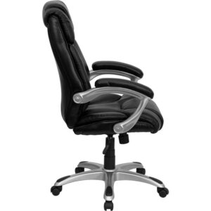 preventing long term strain. The contoured seat dissipates pressure points for greater comfort. Chair easily swivels 360 degrees to get the maximum use of your workspace without strain. The pneumatic adjustment lever will allow you to easily adjust the seat to your desired height. The silver nylon base with black caps prevents feet from slipping when resting on chairs base.
