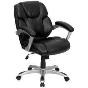 This chic chair features LeatherSoft upholstery to comfortably get you through your work day or to keep you comfortable while browsing the internet. This chair features an ergonomically contoured back and seat and arms that are comfortably padded. A mid-back office chair offers support to the mid-to-upper back region. This chair is ideal for anyone who does a great deal of typing throughout the day and needs good back support. The contoured seat dissipates pressure points for greater comfort. Chair easily swivels 360 degrees to get the maximum use of your workspace without strain. The pneumatic adjustment lever will allow you to easily adjust the seat to your desired height. The silver nylon base with black caps prevents feet from slipping when resting on chairs base.