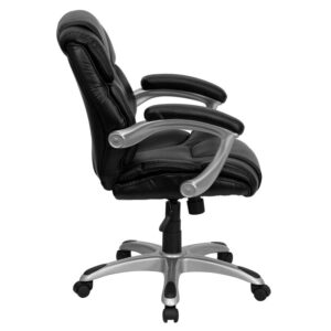 This chic chair features LeatherSoft upholstery to comfortably get you through your work day or to keep you comfortable while browsing the internet. This chair features an ergonomically contoured back and seat and arms that are comfortably padded. A mid-back office chair offers support to the mid-to-upper back region. This chair is ideal for anyone who does a great deal of typing throughout the day and needs good back support. The contoured seat dissipates pressure points for greater comfort. Chair easily swivels 360 degrees to get the maximum use of your workspace without strain. The pneumatic adjustment lever will allow you to easily adjust the seat to your desired height. The silver nylon base with black caps prevents feet from slipping when resting on chairs base.
