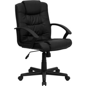 Upgrade your office seating with this mid-back black LeatherSoft upholstered swivel task office chair. A mid-back office chair offers support to the mid-to-upper back region. Chair easily swivels 360 degrees to get the maximum use of your workspace without strain. LeatherSoft is leather and polyurethane for softness and durability. The tilt lock mechanism rocks/tilts the chair and locks in an upright position while the tilt tension adjustment knob adjusts the chair's backward tilt resistance. The pneumatic adjustment lever will allow you to easily adjust the seat to your desired height. This computer chair is perfect for the office or in the home. From behind the desk to the meeting room this chair can provide a seamless addition to your work space.