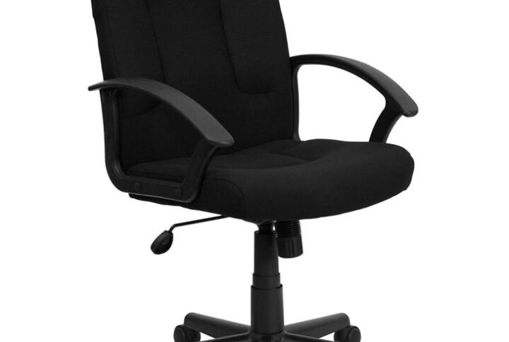 Get comfortable in this office chair while you check off the items on your "To-Do" list. The swivel seat is padded with 5" of foam and the chair is covered with black fabric upholstery. Nylon armrests take pressure off your shoulders and neck. Use the tilt tension adjustment knob to increase or decrease the amount of force needed to rock and recline. Lock the position in place with the tilt lock mechanism. Raise and lower your seat height with the pneumatic seat height adjustment lever