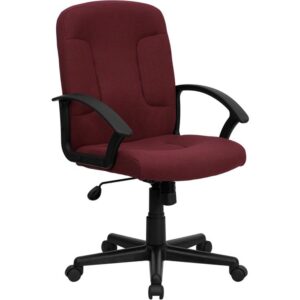 Get comfortable in this office chair while you check off the items on your "To-Do" list. The swivel seat is padded with 5" of foam and the chair is covered with burgundy fabric upholstery. Nylon armrests take pressure off your shoulders and neck. Use the tilt tension adjustment knob to increase or decrease the amount of force needed to rock and recline. Lock the position in place with the tilt lock mechanism. Raise and lower your seat height with the pneumatic seat height adjustment lever