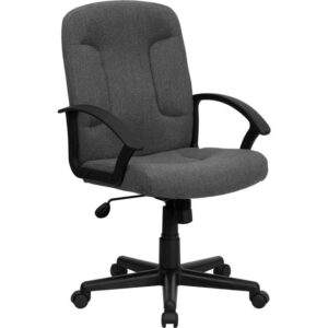 Get comfortable in this office chair while you check off the items on your "To-Do" list. The swivel seat is padded with 5" of foam and the chair is covered with gray fabric upholstery. Nylon armrests take pressure off your shoulders and neck. Use the tilt tension adjustment knob to increase or decrease the amount of force needed to rock and recline. Lock the position in place with the tilt lock mechanism. Raise and lower your seat height with the pneumatic seat height adjustment lever