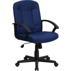Get comfortable in this office chair while you check off the items on your "To-Do" list. The swivel seat is padded with 5" of foam and the chair is covered with navy fabric upholstery. Nylon armrests take pressure off your shoulders and neck. Use the tilt tension adjustment knob to increase or decrease the amount of force needed to rock and recline. Lock the position in place with the tilt lock mechanism. Raise and lower your seat height with the pneumatic seat height adjustment lever