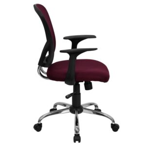 promotes good posture and gives a professional look to any office. This burgundy task chair is adjustable to accommodate many different body types. The breathable mesh back allows air to circulate to keep you cool. The colorful