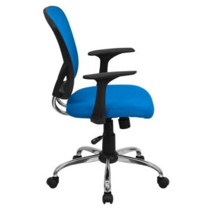 promotes good posture and gives a professional look to any office. This blue task chair is adjustable to accommodate many different body types. The breathable mesh back allows air to circulate to keep you cool. The colorful