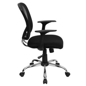 promotes good posture and gives a professional look to any office. This black task chair is adjustable to accommodate many different body types. The breathable mesh back allows air to circulate to keep you cool. The colorful