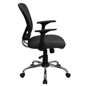 promotes good posture and gives a professional look to any office. This dark gray task chair is adjustable to accommodate many different body types. The breathable mesh back allows air to circulate to keep you cool. The colorful