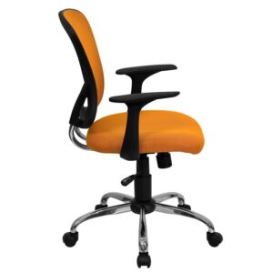 promotes good posture and gives a professional look to any office. This orange task chair is adjustable to accommodate many different body types. The breathable mesh back allows air to circulate to keep you cool. The colorful