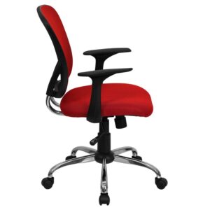 promotes good posture and gives a professional look to any office. This red task chair is adjustable to accommodate many different body types. The breathable mesh back allows air to circulate to keep you cool. The colorful