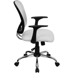 promotes good posture and gives a professional look to any office. This white task chair is adjustable to accommodate many different body types. The breathable mesh back allows air to circulate to keep you cool. The colorful