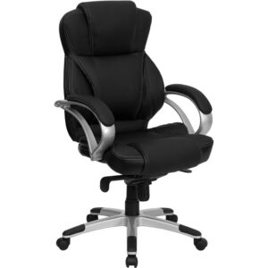 This stylishly designed office chair features LeatherSoft upholstery with white stitch surrounding to comfortably get you through your work day. This chair features an ergonomically contoured back and seat and arms that are comfortably padded. High back office chairs have backs extending to the upper back for greater support. The high back design relieves tension in the lower back