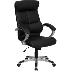 This stylishly designed office chair features LeatherSoft upholstery with white stitch accents to comfortably get you through your work day. High back office chairs have backs extending to the upper back for greater support. The high back design relieves tension in the lower back