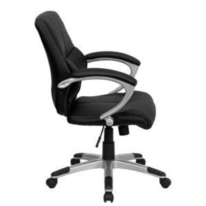 This stylishly designed office chair features LeatherSoft upholstery with white stitch accents to comfortably get you through your work day. A mid-back office chair offers support to the mid-to-upper back region. Chair easily swivels 360 degrees to get the maximum use of your workspace without strain. The pneumatic adjustment lever will allow you to easily adjust the seat to your desired height. The silver nylon base with black caps prevents feet from slipping when resting on chairs base.