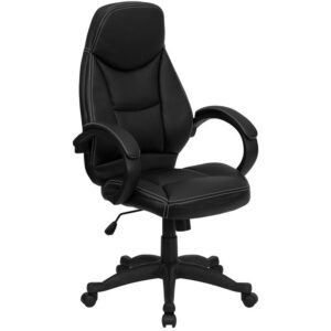 This stylishly designed office chair features LeatherSoft upholstery with white stitch surrounding to comfortably get you through your work day. This chair features an ergonomically contoured back and seat and arms that are comfortably padded. High back office chairs have backs extending to the upper back for greater support. The high back design relieves tension in the lower back