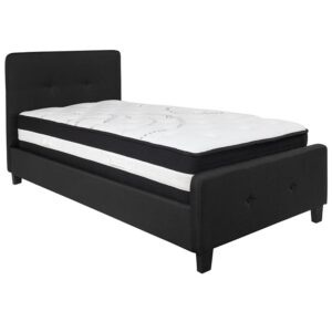 this bed provides that in a stylish package. The headboard won't take up too much wall space so you can add decorative art above its frame. With a low set footboard it makes a presence that won't overrun your space. The matching button tufted headboard and footboard unify the design. The frame has 14 wooden slats that are designed to support the mattress without the use of a box spring. The 12" pocket spring mattress provides superior motion isolation and supports the contours of your body. The interior make-up consists of pocket spring coils and foam. The mattress instantly starts expanding once you cut the plastic and will return to its original shape in 2 to 5 days. Update your bedroom or guest bedroom furniture with this easy-going bed set.