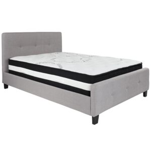 this bed provides that in a stylish package. The headboard won't take up too much wall space so you can add decorative art above its frame. With a low set footboard it makes a presence that won't overrun your space. The matching button tufted headboard and footboard unify the design. The frame features a center support leg and 28 wooden slats that are designed to support the mattress without the use of a box spring. The 12" pocket spring mattress provides superior motion isolation and supports the contours of your body. The interior make-up consists of pocket spring coils and foam. The mattress instantly starts expanding once you cut the plastic and will return to its original shape in 2 to 5 days. Update your bedroom or guest bedroom furniture with this easy-going bed set.
