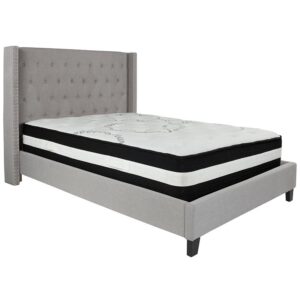 you've found the bed of your dreams at a price no one will believe. This gorgeous platform bed will keep your bedroom looking fresh for years. This beauty is adorned by nailhead trimming on the protruding sides and has a button tufted panel headboard. The headboard has a decent amount of height to prop yourself up against it. No footboard means you have easy access to make up your bed. The low base frame provides you with an open concept feel. Settle in for a peaceful night of resting atop the pocket spring mattress supported by 28 wooden slats that are designed to support the mattress without the use of a box spring. The 12" pocket spring mattress provides superior motion isolation and supports the contours of your body. The interior make-up consists of pocket spring coils and foam. The mattress instantly starts expanding once you cut the plastic and will return to its original shape in 2 to 5 days. You deserve a job well done for selecting such a breathtaking bed that will give your space the uplift that you've been yearning for.