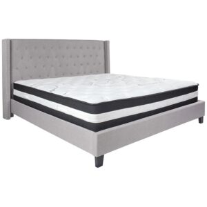 you've found the bed of your dreams at a price no one will believe. This gorgeous platform bed will keep your bedroom looking fresh for years. This beauty is adorned by nailhead trimming on the protruding sides and has a button tufted panel headboard. The headboard has a decent amount of height to prop yourself up against it. No footboard means you have easy access to make up your bed. The low base frame provides you with an open concept feel. Settle in for a peaceful night of resting atop the pocket spring mattress supported by 45 wooden slats that are designed to support the mattress without the use of a box spring. The 12" pocket spring mattress provides superior motion isolation and supports the contours of your body. The interior make-up consists of pocket spring coils and foam. The mattress instantly starts expanding once you cut the plastic and will return to its original shape in 2 to 5 days. You deserve a job well done for selecting such a breathtaking bed that will give your space the uplift that you've been yearning for.