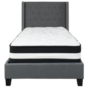 you've found the bed of your dreams at a price no one will believe. This gorgeous platform bed will keep your bedroom looking fresh for years. This beauty is adorned by nailhead trimming on the protruding sides and has a button tufted panel headboard. The headboard has a decent amount of height to prop yourself up against it. No footboard means you have easy access to make up your bed. The low base frame provides you with an open concept feel. Settle in for a peaceful night of resting atop the pocket spring mattress supported by 14 wooden slats that are designed to support the mattress without the use of a box spring. The 12" pocket spring mattress provides superior motion isolation and supports the contours of your body. The interior make-up consists of pocket spring coils and foam. The mattress instantly starts expanding once you cut the plastic and will return to its original shape in 2 to 5 days. You deserve a job well done for selecting such a breathtaking bed that will give your space the uplift that you've been yearning for.