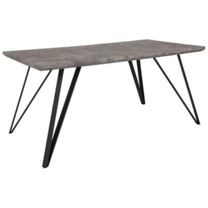 Allow this laminate distressed wood finish table with triangular legs to inspire a beautifully modern dining experience as friends and family enjoy good conversation and delicious food in your dining room. A tasteful balance of modern metal frame with 1" thick distressed wood table top