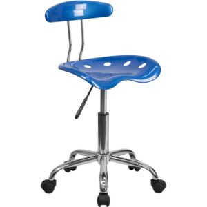 Change up the look in your home office with this colorful vibrant bright blue task chair. The molded tractor seat offers a tremendous amount of comfort and can be cleaned with a solvent and water based cleaner such as foam. Chair rotates 360 degrees to provide easy access to a greater range of area. The pneumatic adjustment lever will allow you to easily adjust the seat to your desired height. Dual wheel casters provide ease of movement around the space. The small frame of this chair will not take up a lot of space if working in a small area.