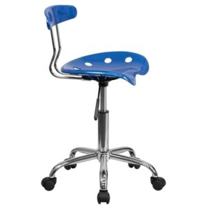 Change up the look in your home office with this colorful vibrant bright blue task chair. The molded tractor seat offers a tremendous amount of comfort and can be cleaned with a solvent and water based cleaner such as foam. Chair rotates 360 degrees to provide easy access to a greater range of area. The pneumatic adjustment lever will allow you to easily adjust the seat to your desired height. Dual wheel casters provide ease of movement around the space. The small frame of this chair will not take up a lot of space if working in a small area.