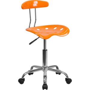 Change up the look in your home office with this colorful vibrant orange task chair. The molded tractor seat offers a tremendous amount of comfort and can be cleaned with a solvent and water based cleaner such as foam. Chair rotates 360 degrees to provide easy access to a greater range of area. The pneumatic adjustment lever will allow you to easily adjust the seat to your desired height. Dual wheel casters provide ease of movement around the space. The small frame of this chair will not take up a lot of space if working in a small area.