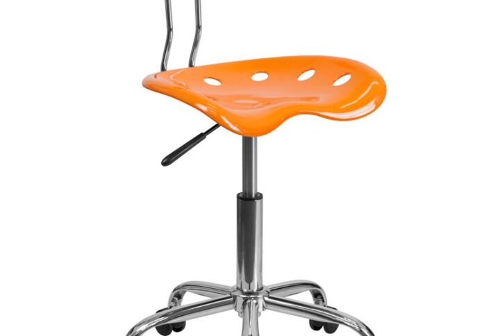 Change up the look in your home office with this colorful vibrant orange task chair. The molded tractor seat offers a tremendous amount of comfort and can be cleaned with a solvent and water based cleaner such as foam. Chair rotates 360 degrees to provide easy access to a greater range of area. The pneumatic adjustment lever will allow you to easily adjust the seat to your desired height. Dual wheel casters provide ease of movement around the space. The small frame of this chair will not take up a lot of space if working in a small area.