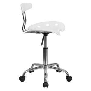 vibrant white task chair. The molded tractor seat offers a tremendous amount of comfort and can be cleaned with a solvent and water based cleaner such as foam. Chair rotates 360 degrees to provide easy access to a greater range of area. The pneumatic adjustment lever will allow you to easily adjust the seat to your desired height. Dual wheel casters provide ease of movement around the space. The small frame of this chair will not take up a lot of space if working in a small area.