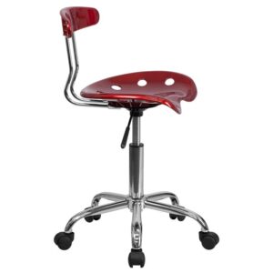 Change up the look in your home office with this colorful vibrant wine red task chair. The molded tractor seat offers a tremendous amount of comfort and can be cleaned with a solvent and water based cleaner such as foam. Chair rotates 360 degrees to provide easy access to a greater range of area. The pneumatic adjustment lever will allow you to easily adjust the seat to your desired height. Dual wheel casters provide ease of movement around the space. The small frame of this chair will not take up a lot of space if working in a small area.