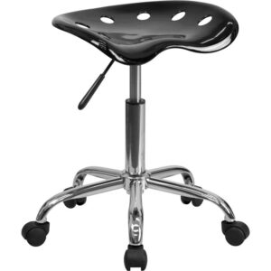 This colorful black modern designed stool is sure to stand out. Backless stools force your core muscles to work by sitting up straight and keeping your feet flat on the floor. The molded tractor seat offers a tremendous amount of comfort and can be cleaned with a solvent and water based cleaner such as foam. Chair rotates 360 degrees to provide easy access to a greater range of area. The pneumatic adjustment lever will allow you to easily adjust the seat to your desired height. Overall the small frame design of this backless stool will make it easy to maneuver around tight spaces with ease.