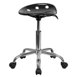 This colorful black modern designed stool is sure to stand out. Backless stools force your core muscles to work by sitting up straight and keeping your feet flat on the floor. The molded tractor seat offers a tremendous amount of comfort and can be cleaned with a solvent and water based cleaner such as foam. Chair rotates 360 degrees to provide easy access to a greater range of area. The pneumatic adjustment lever will allow you to easily adjust the seat to your desired height. Overall the small frame design of this backless stool will make it easy to maneuver around tight spaces with ease.
