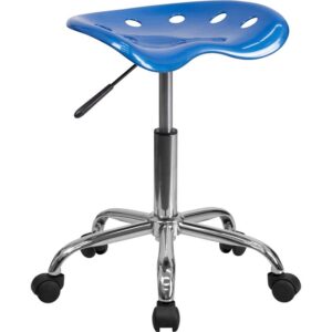 This colorful bright blue modern designed stool is sure to stand out. Backless stools force your core muscles to work by sitting up straight and keeping your feet flat on the floor. The molded tractor seat offers a tremendous amount of comfort and can be cleaned with a solvent and water based cleaner such as foam. Chair rotates 360 degrees to provide easy access to a greater range of area. The pneumatic adjustment lever will allow you to easily adjust the seat to your desired height. Overall the small frame design of this backless stool will make it easy to maneuver around tight spaces with ease.