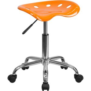 This colorful orange modern designed stool is sure to stand out. Backless stools force your core muscles to work by sitting up straight and keeping your feet flat on the floor. The molded tractor seat offers a tremendous amount of comfort and can be cleaned with a solvent and water based cleaner such as foam. Chair rotates 360 degrees to provide easy access to a greater range of area. The pneumatic adjustment lever will allow you to easily adjust the seat to your desired height. Overall the small frame design of this backless stool will make it easy to maneuver around tight spaces with ease.