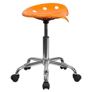 This colorful orange modern designed stool is sure to stand out. Backless stools force your core muscles to work by sitting up straight and keeping your feet flat on the floor. The molded tractor seat offers a tremendous amount of comfort and can be cleaned with a solvent and water based cleaner such as foam. Chair rotates 360 degrees to provide easy access to a greater range of area. The pneumatic adjustment lever will allow you to easily adjust the seat to your desired height. Overall the small frame design of this backless stool will make it easy to maneuver around tight spaces with ease.