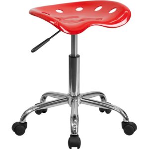 This colorful red modern designed stool is sure to stand out. Backless stools force your core muscles to work by sitting up straight and keeping your feet flat on the floor. The molded tractor seat offers a tremendous amount of comfort and can be cleaned with a solvent and water based cleaner such as foam. Chair rotates 360 degrees to provide easy access to a greater range of area. The pneumatic adjustment lever will allow you to easily adjust the seat to your desired height. Overall the small frame design of this backless stool will make it easy to maneuver around tight spaces with ease.