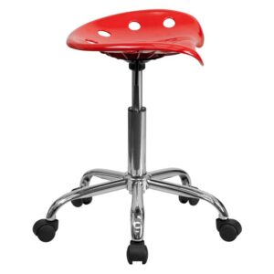 This colorful red modern designed stool is sure to stand out. Backless stools force your core muscles to work by sitting up straight and keeping your feet flat on the floor. The molded tractor seat offers a tremendous amount of comfort and can be cleaned with a solvent and water based cleaner such as foam. Chair rotates 360 degrees to provide easy access to a greater range of area. The pneumatic adjustment lever will allow you to easily adjust the seat to your desired height. Overall the small frame design of this backless stool will make it easy to maneuver around tight spaces with ease.