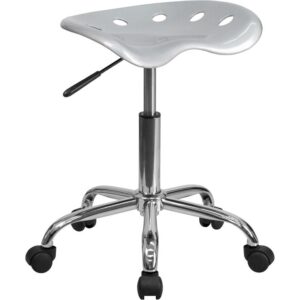 This colorful silver modern designed stool is sure to stand out. Backless stools force your core muscles to work by sitting up straight and keeping your feet flat on the floor. The molded tractor seat offers a tremendous amount of comfort and can be cleaned with a solvent and water based cleaner such as foam. Chair rotates 360 degrees to provide easy access to a greater range of area. The pneumatic adjustment lever will allow you to easily adjust the seat to your desired height. Overall the small frame design of this backless stool will make it easy to maneuver around tight spaces with ease.