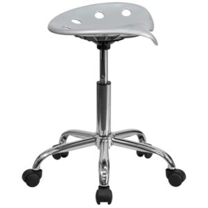 This colorful silver modern designed stool is sure to stand out. Backless stools force your core muscles to work by sitting up straight and keeping your feet flat on the floor. The molded tractor seat offers a tremendous amount of comfort and can be cleaned with a solvent and water based cleaner such as foam. Chair rotates 360 degrees to provide easy access to a greater range of area. The pneumatic adjustment lever will allow you to easily adjust the seat to your desired height. Overall the small frame design of this backless stool will make it easy to maneuver around tight spaces with ease.