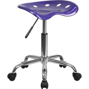 This colorful violet modern designed stool is sure to stand out. Backless stools force your core muscles to work by sitting up straight and keeping your feet flat on the floor. The molded tractor seat offers a tremendous amount of comfort and can be cleaned with a solvent and water based cleaner such as foam. Chair rotates 360 degrees to provide easy access to a greater range of area. The pneumatic adjustment lever will allow you to easily adjust the seat to your desired height. Overall the small frame design of this backless stool will make it easy to maneuver around tight spaces with ease.