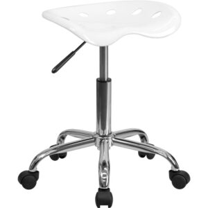 This colorful white modern designed stool is sure to stand out. Backless stools force your core muscles to work by sitting up straight and keeping your feet flat on the floor. The molded tractor seat offers a tremendous amount of comfort and can be cleaned with a solvent and water based cleaner such as foam. Chair rotates 360 degrees to provide easy access to a greater range of area. The pneumatic adjustment lever will allow you to easily adjust the seat to your desired height. Overall the small frame design of this backless stool will make it easy to maneuver around tight spaces with ease.