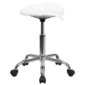 This colorful white modern designed stool is sure to stand out. Backless stools force your core muscles to work by sitting up straight and keeping your feet flat on the floor. The molded tractor seat offers a tremendous amount of comfort and can be cleaned with a solvent and water based cleaner such as foam. Chair rotates 360 degrees to provide easy access to a greater range of area. The pneumatic adjustment lever will allow you to easily adjust the seat to your desired height. Overall the small frame design of this backless stool will make it easy to maneuver around tight spaces with ease.