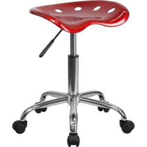 This colorful wine red modern designed stool is sure to stand out. Backless stools force your core muscles to work by sitting up straight and keeping your feet flat on the floor. The molded tractor seat offers a tremendous amount of comfort and can be cleaned with a solvent and water based cleaner such as foam. Chair rotates 360 degrees to provide easy access to a greater range of area. The pneumatic adjustment lever will allow you to easily adjust the seat to your desired height. Overall the small frame design of this backless stool will make it easy to maneuver around tight spaces with ease.