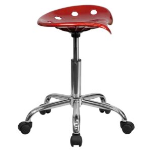 This colorful wine red modern designed stool is sure to stand out. Backless stools force your core muscles to work by sitting up straight and keeping your feet flat on the floor. The molded tractor seat offers a tremendous amount of comfort and can be cleaned with a solvent and water based cleaner such as foam. Chair rotates 360 degrees to provide easy access to a greater range of area. The pneumatic adjustment lever will allow you to easily adjust the seat to your desired height. Overall the small frame design of this backless stool will make it easy to maneuver around tight spaces with ease.